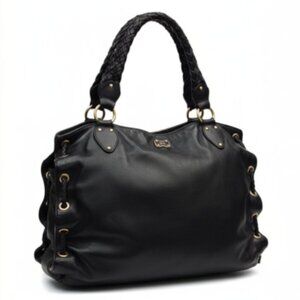 Michael Kors Black Leather Braided Handle Tote Satchel Whipstitch Grommet Large
